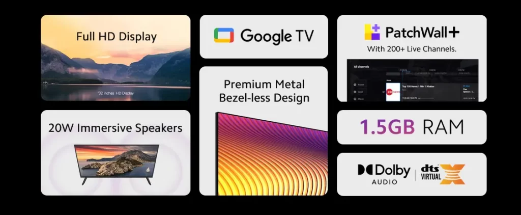 bezel-less display, Xiaomi Smart TV A Series DTS Virtual:X, PatchWall+, Live TV, metal bezel-less design, 