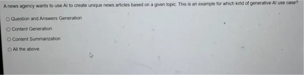 A news agency wants to use Al to create unique news articles based on a given topic. This is an example for which kind of generative Al use case?