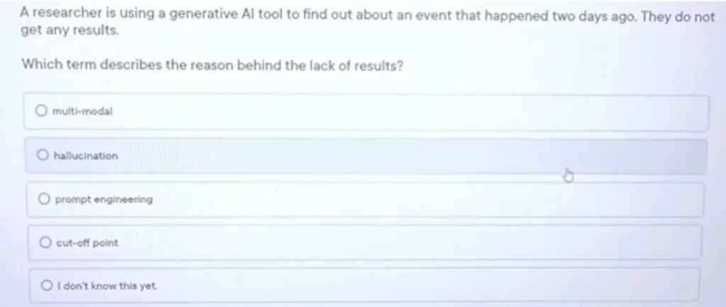 A researcher is using a generative AI tool to find out about an event that happened two days ago. They do not get any results.