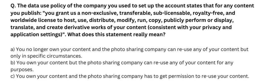 The data use policy of the company you used to set up the account states that for any content you publish: "you grant us a non-exclusive, transferable, sub-licensable, royalty-free, and worldwide license to host, use, distribute, modify, run, copy, publicly perform or display, translate, and create derivative works of your content (consistent with your privacy and application settings)". What does this statement really mean?