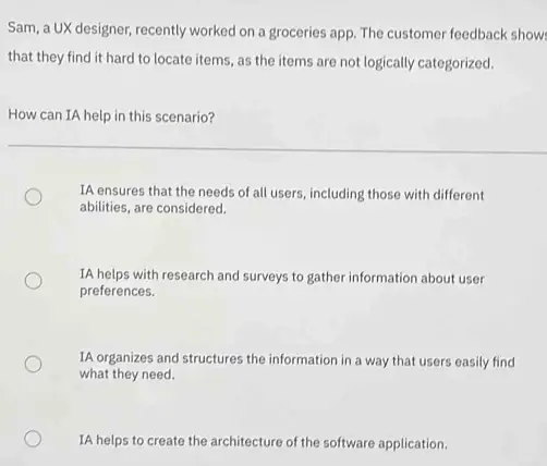 Sam, a UX designer, recently worked on a groceries app. The customer feedback show that they find it hard to locate items, as the items are not logically categorized. How can IA help in this scenario?
