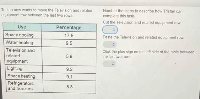 Tristan now wants to move the Television and related equipment row between the last two rows. Number the steps to describe how Tristan can complete this task.