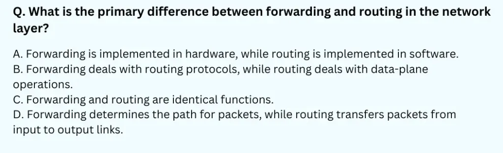 What is the primary difference between forwarding and routing in the network layer?
A. Forwarding is implemented in hardware, while routing is implemented in software.
B. Forwarding deals with routing protocols, while routing deals with data-plane operations.
C. Forwarding and routing are identical functions.
D. Forwarding determines the path for packets, while routing transfers packets from input to output links.