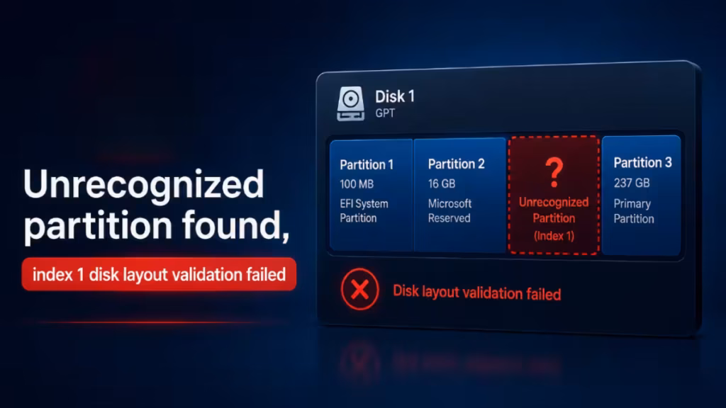 Unrecognized partition found, index 1 disk layout validation failed [Fixed]