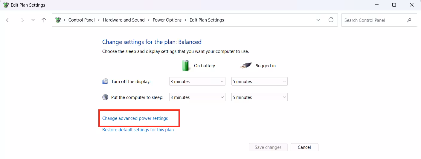 Change advanced power settings